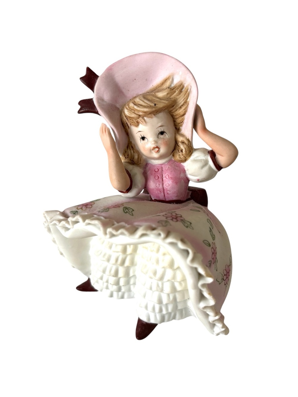 Lefton Figurine KW3701 Bloomer Girl Bisque Porcelain Japan 5" Vintage Bonnet